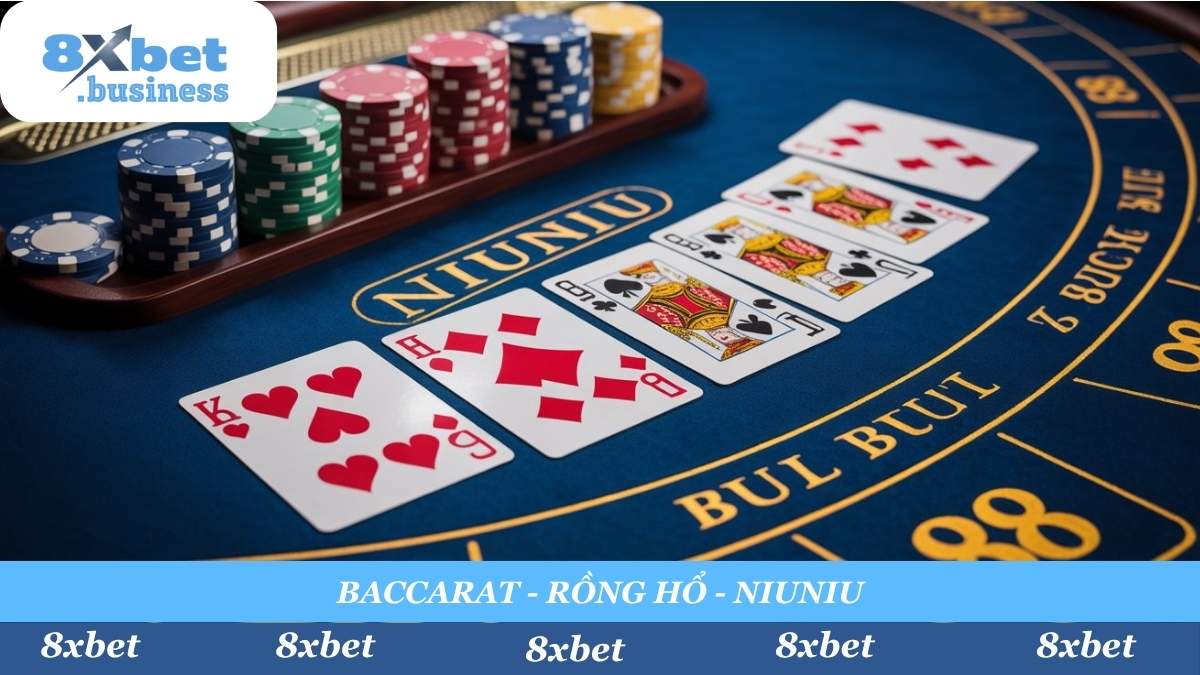 Khám phá thế giới game bài đa dạng tại 8xbet. Từ Baccarat, Blackjack, Roulette đến các trò chơi Châu Á đỉnh cao như NiuNiu (8xbet - Ngầu Hầm) và Rồng Hổ, tất cả đều minh bạch và hấp dẫn.