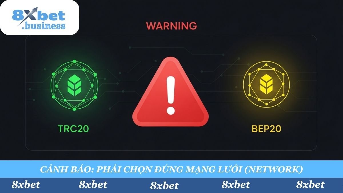 Khi nạp tiền 8Xbet bằng USDT, bạn phải chọn ĐÚNG MẠNG LƯỚI (TRC20 hoặc BEP20) tương ứng. Chọn sai mạng lưới sẽ dẫn đến mất tiền vĩnh viễn.